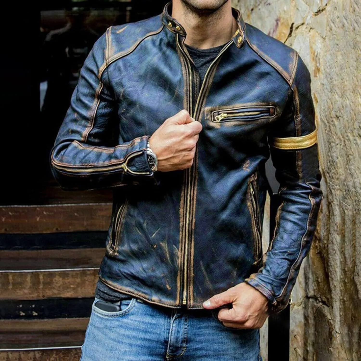 Men's Faux Leather Aviator Bomber Jacket PU Leather Jacket Short Lapel Made of Cowhide Leather w/Side Lacing Men's