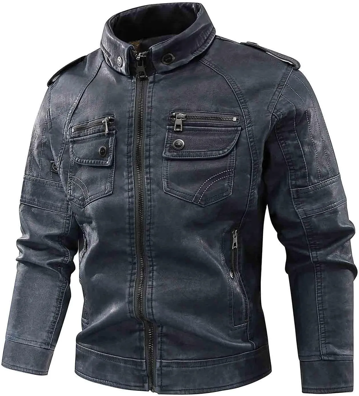 Men's Faux Leather Jackets Fashion Stand Collar Motorcycle Lightweight Leather Jackets Zipper Outerwear Moto Biker Coat