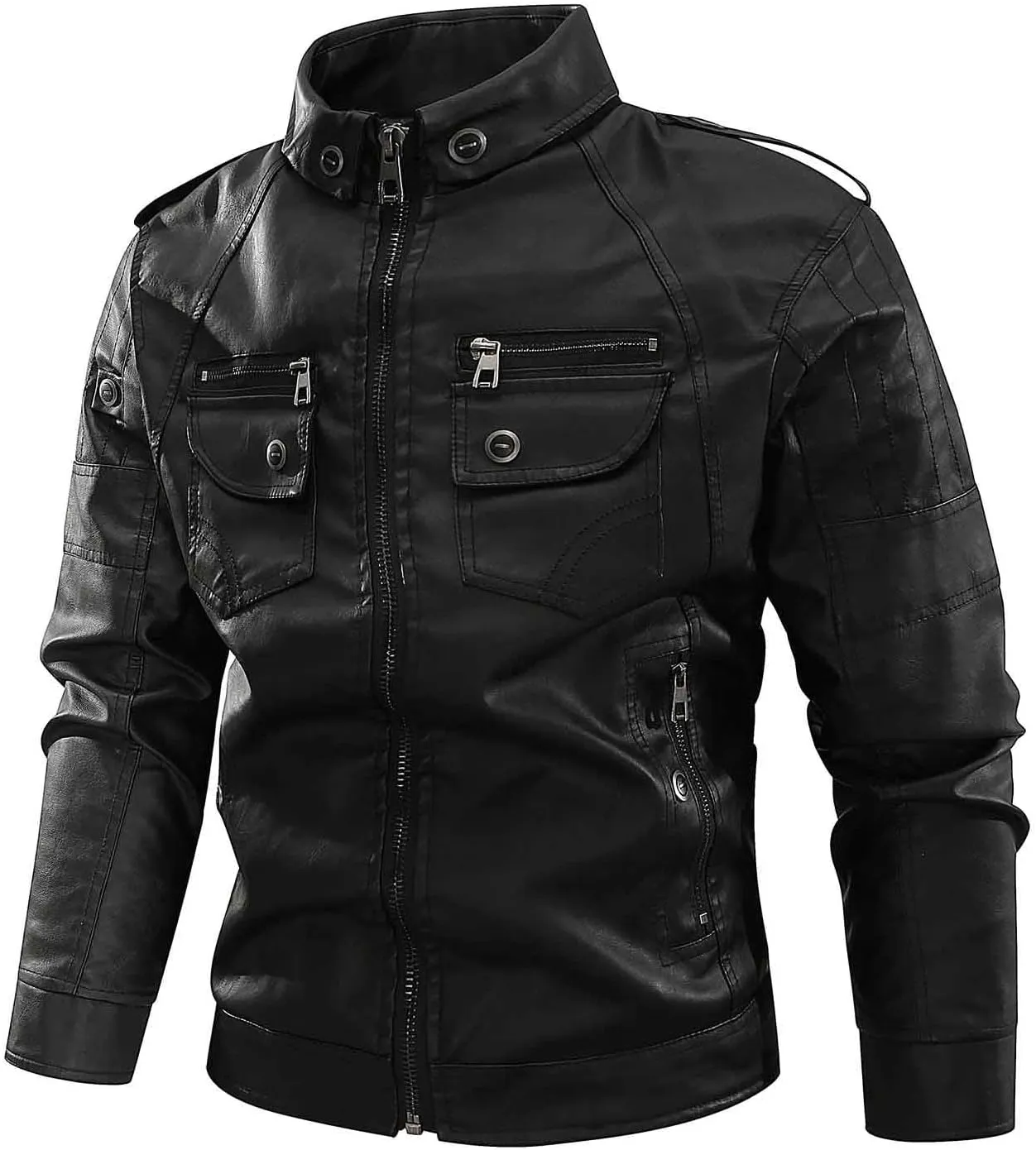 Men's Faux Leather Jackets Fashion Stand Collar Motorcycle Lightweight Leather Jackets Zipper Outerwear Moto Biker Coat