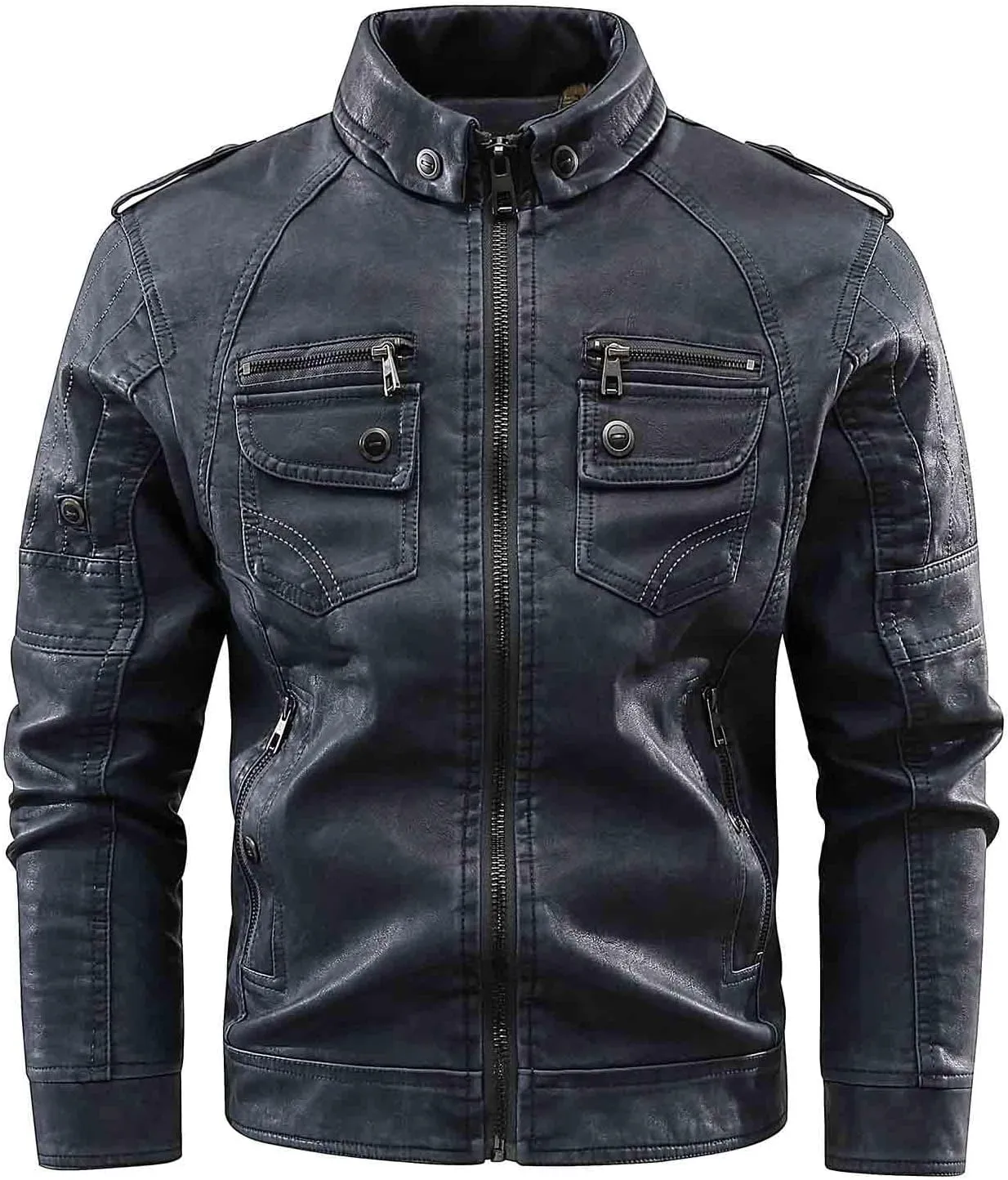 Men's Faux Leather Jackets Fashion Stand Collar Motorcycle Lightweight Leather Jackets Zipper Outerwear Moto Biker Coat