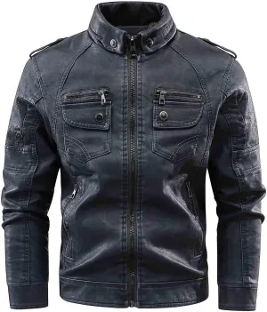 Men's Faux Leather Jackets Fashion Stand Collar Motorcycle Lightweight Leather Jackets Zipper Outerwear Moto Biker Coat
