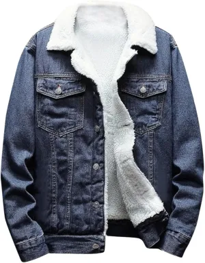 Men's Fleece Jean Jacket Winter Sherpa Lined Denim Trucker Jacket Lapel Thicken Warm Cowboy Denim Coats