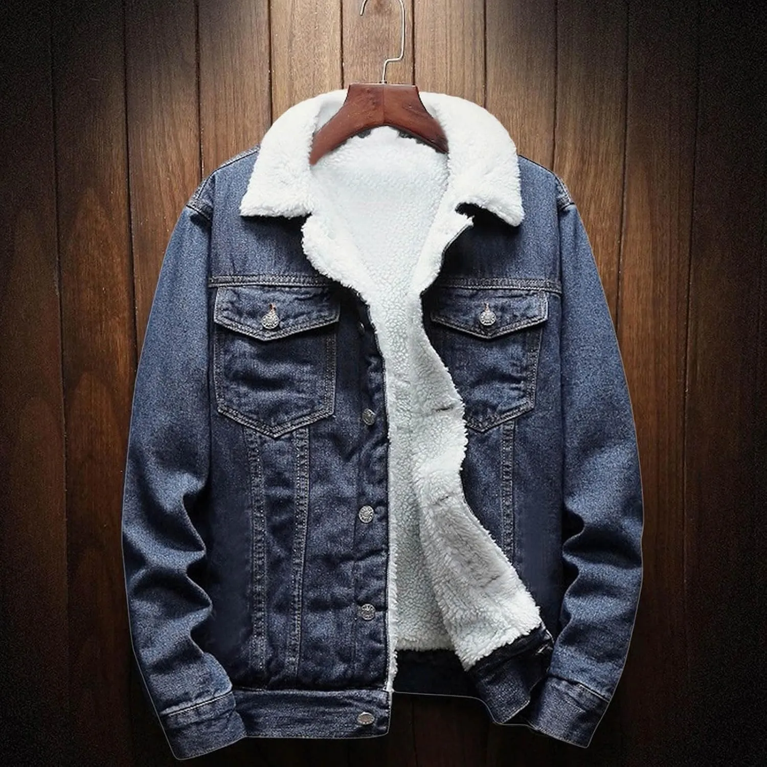 Men's Fleece Jean Jacket Winter Sherpa Lined Denim Trucker Jacket Lapel Thicken Warm Cowboy Denim Coats