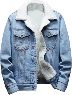 Men's Fleece Jean Jacket Winter Sherpa Lined Denim Trucker Jacket Lapel Thicken Warm Cowboy Denim Coats