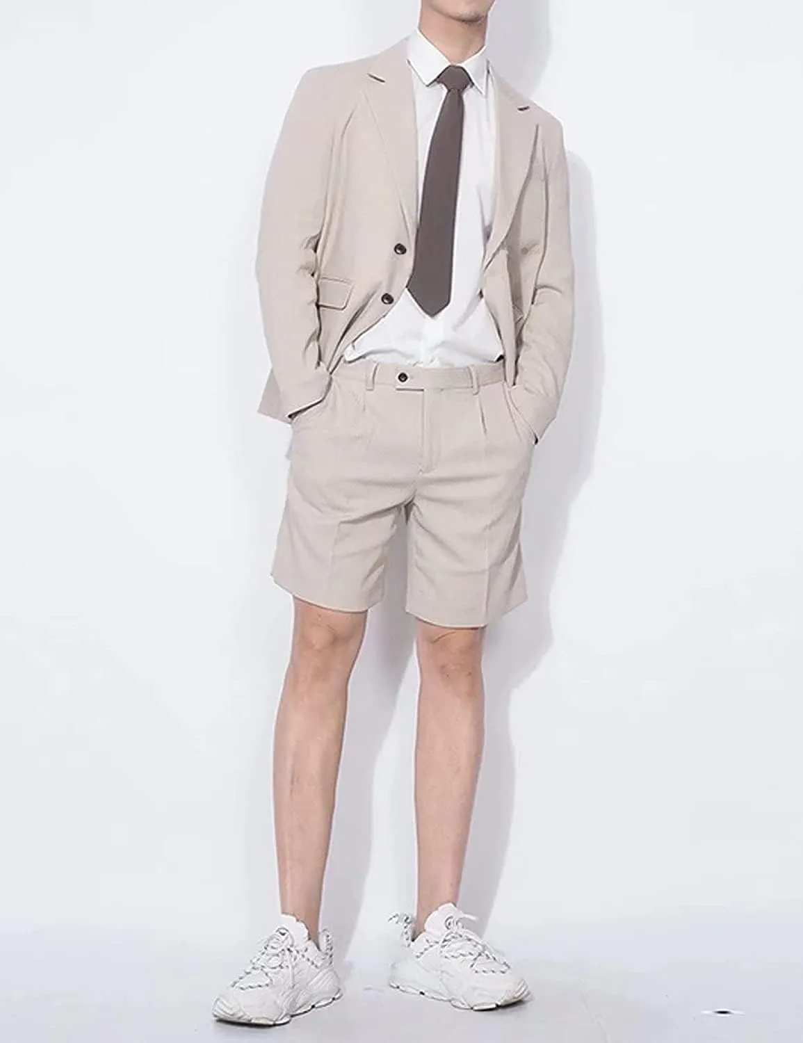 Men's Linen 2 Piece Suits Set Blazer Short Pants Slim Fit Casual Summer Beach Prom Tailored Suit