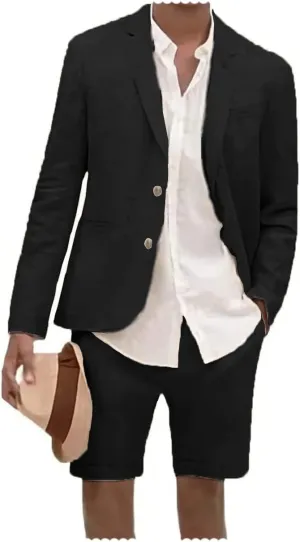 Men's Linen 2 Piece Suits Set Blazer Short Pants Slim Fit Casual Summer Beach Prom Tailored Suit