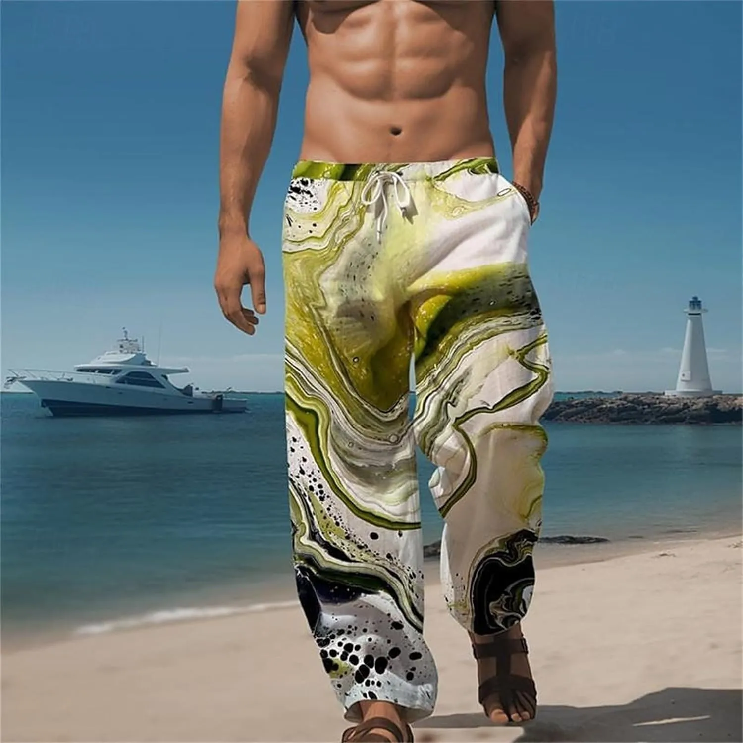 Men's Linen Cotton Pants Casual Summer Printed Loose Drawstring Elastic Waist Pants Loose Besch Trousers with Pockets