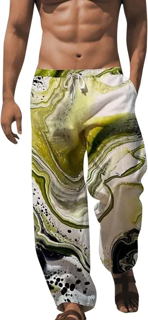Men's Linen Cotton Pants Casual Summer Printed Loose Drawstring Elastic Waist Pants Loose Besch Trousers with Pockets