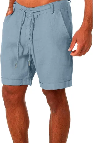 Men's Linen Shorts Summer Beach Drawstring Shorts Casual Classic Cotton Shorts Lightweight Board with Pockets
