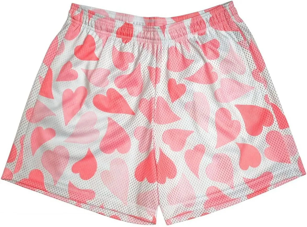 Men's Love Floral Print Mesh Breathable Shorts Beach Summer Casual Shorts Basketball Running Quick Dry Shorts with Pockets