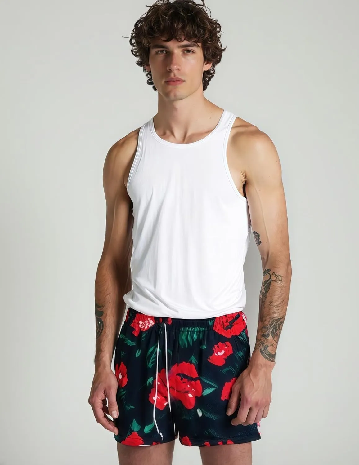 Men's Love Floral Print Mesh Breathable Shorts Beach Summer Casual Shorts Basketball Running Quick Dry Shorts with Pockets