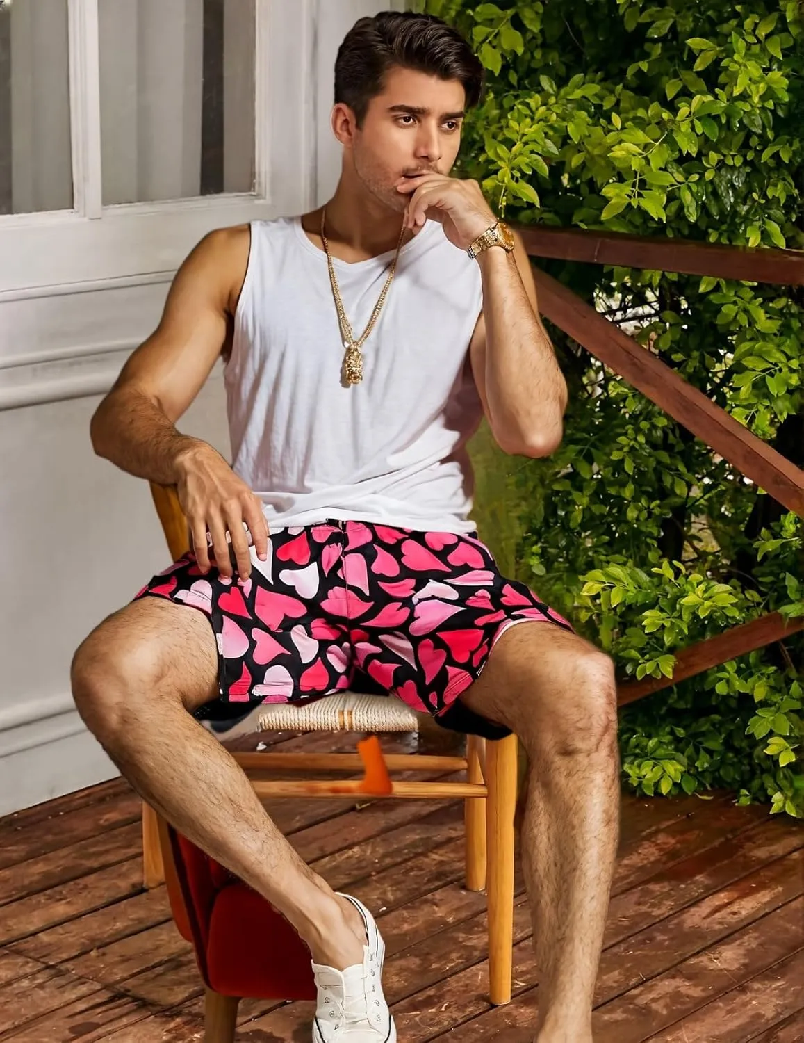 Men's Love Floral Print Mesh Breathable Shorts Beach Summer Casual Shorts Basketball Running Quick Dry Shorts with Pockets