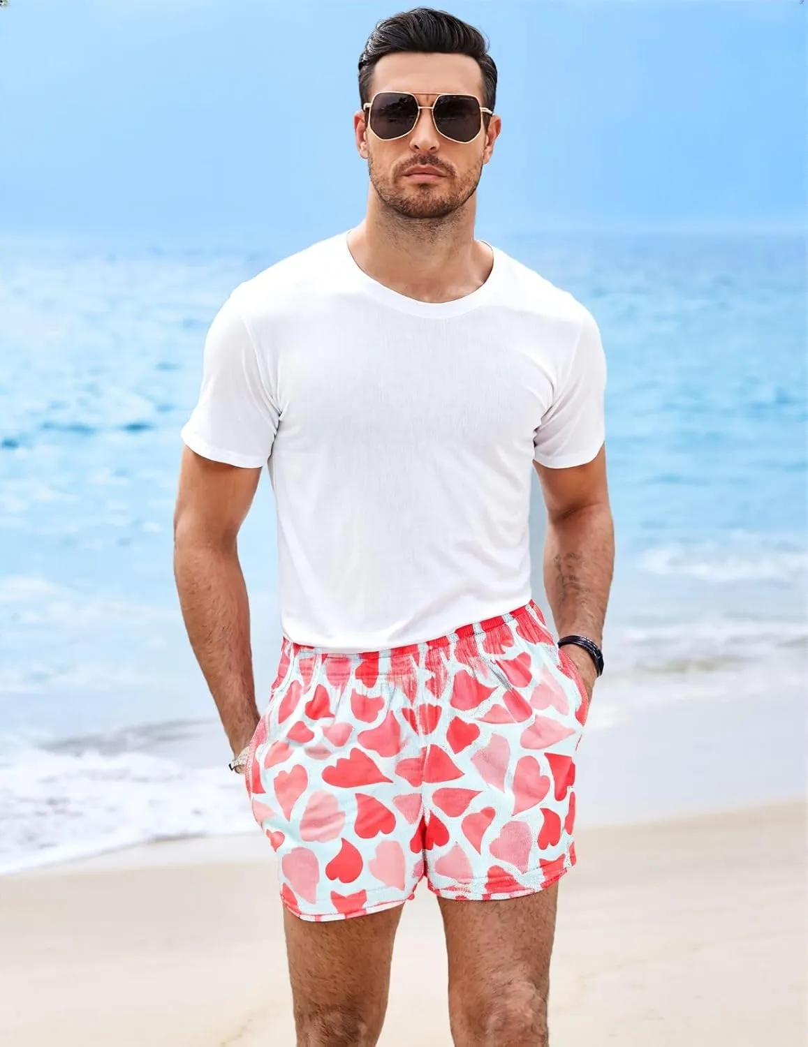 Men's Love Floral Print Mesh Breathable Shorts Beach Summer Casual Shorts Basketball Running Quick Dry Shorts with Pockets
