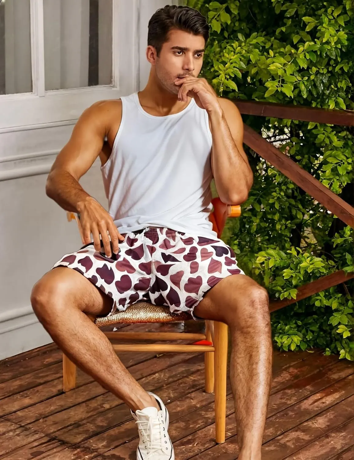 Men's Love Floral Print Mesh Breathable Shorts Beach Summer Casual Shorts Basketball Running Quick Dry Shorts with Pockets