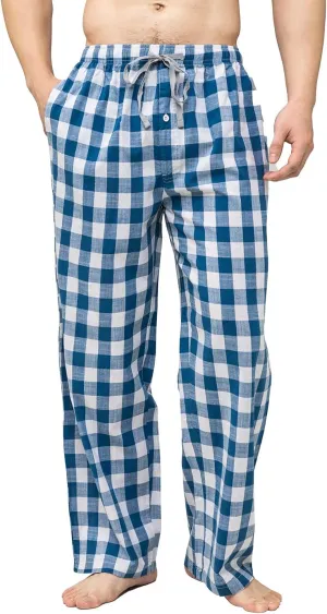Men's Pajama Pant 100% Woven Cotton Plaid Sleep Elastic Waistband Lounge Wear Long Pjs