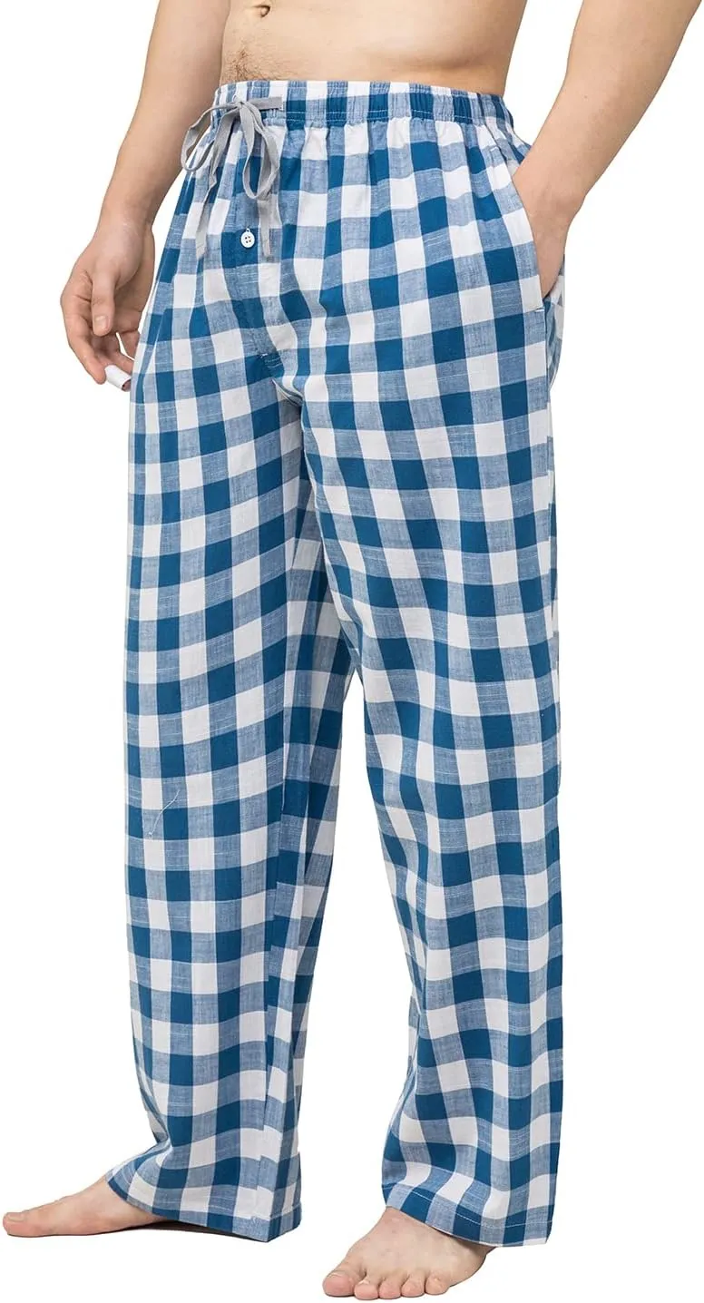 Men's Pajama Pant 100% Woven Cotton Plaid Sleep Elastic Waistband Lounge Wear Long Pjs