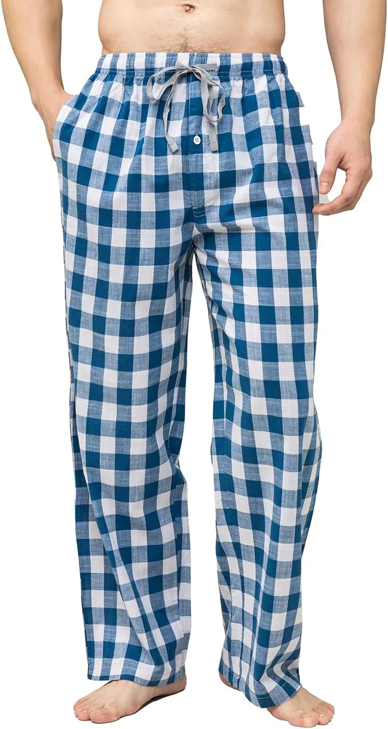 Men's Pajama Pant 100% Woven Cotton Plaid Sleep Elastic Waistband Lounge Wear Long Pjs