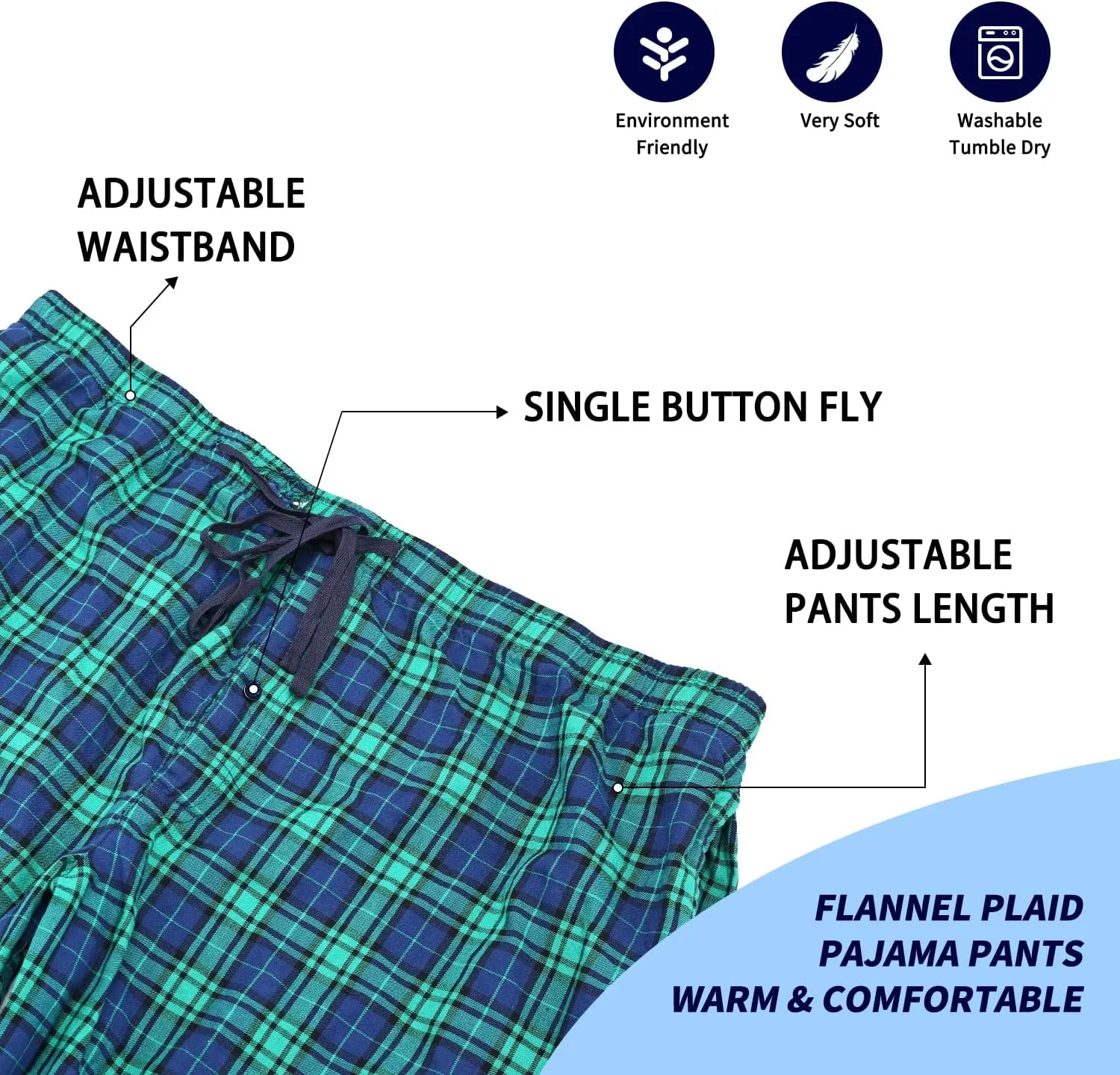 Men's Pajama Pant 100% Woven Cotton Plaid Sleep Elastic Waistband Lounge Wear Long Pjs
