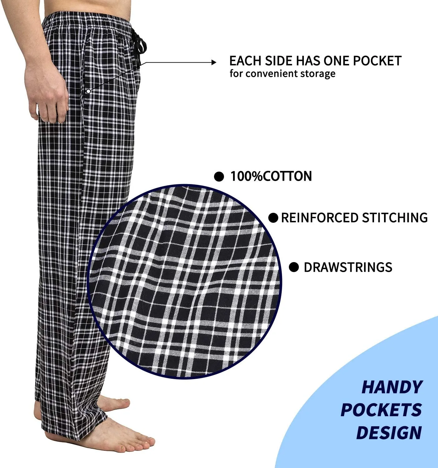 Men's Pajama Pant 100% Woven Cotton Plaid Sleep Elastic Waistband Lounge Wear Long Pjs