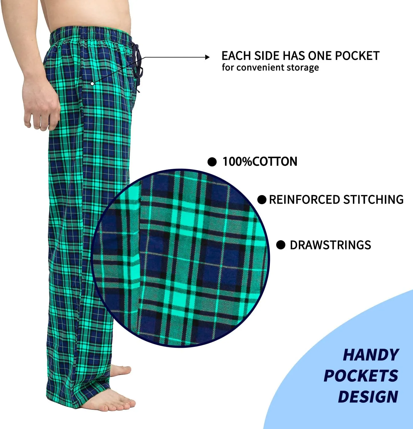 Men's Pajama Pant 100% Woven Cotton Plaid Sleep Elastic Waistband Lounge Wear Long Pjs