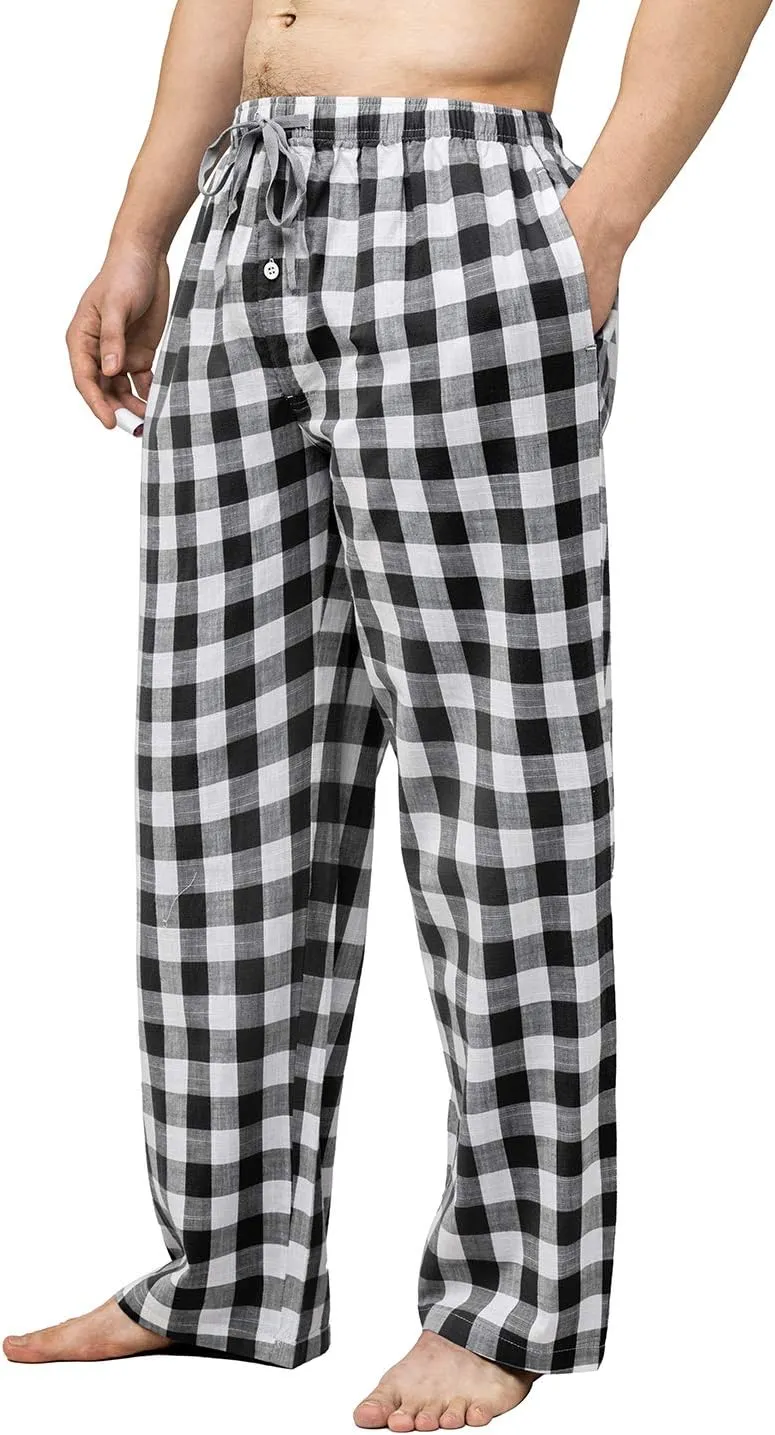 Men's Pajama Pant 100% Woven Cotton Plaid Sleep Elastic Waistband Lounge Wear Long Pjs