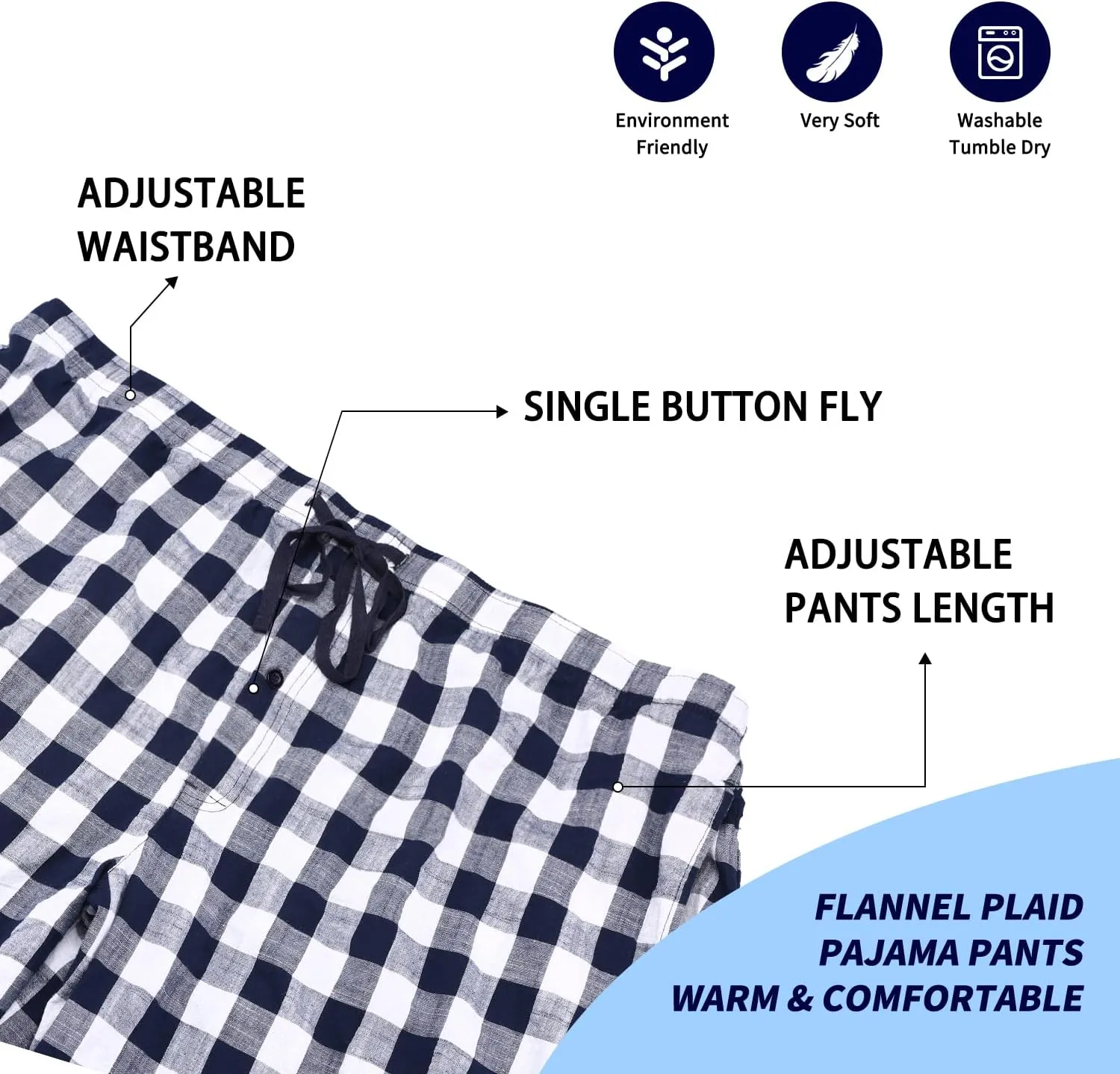 Men's Pajama Pant 100% Woven Cotton Plaid Sleep Elastic Waistband Lounge Wear Long Pjs