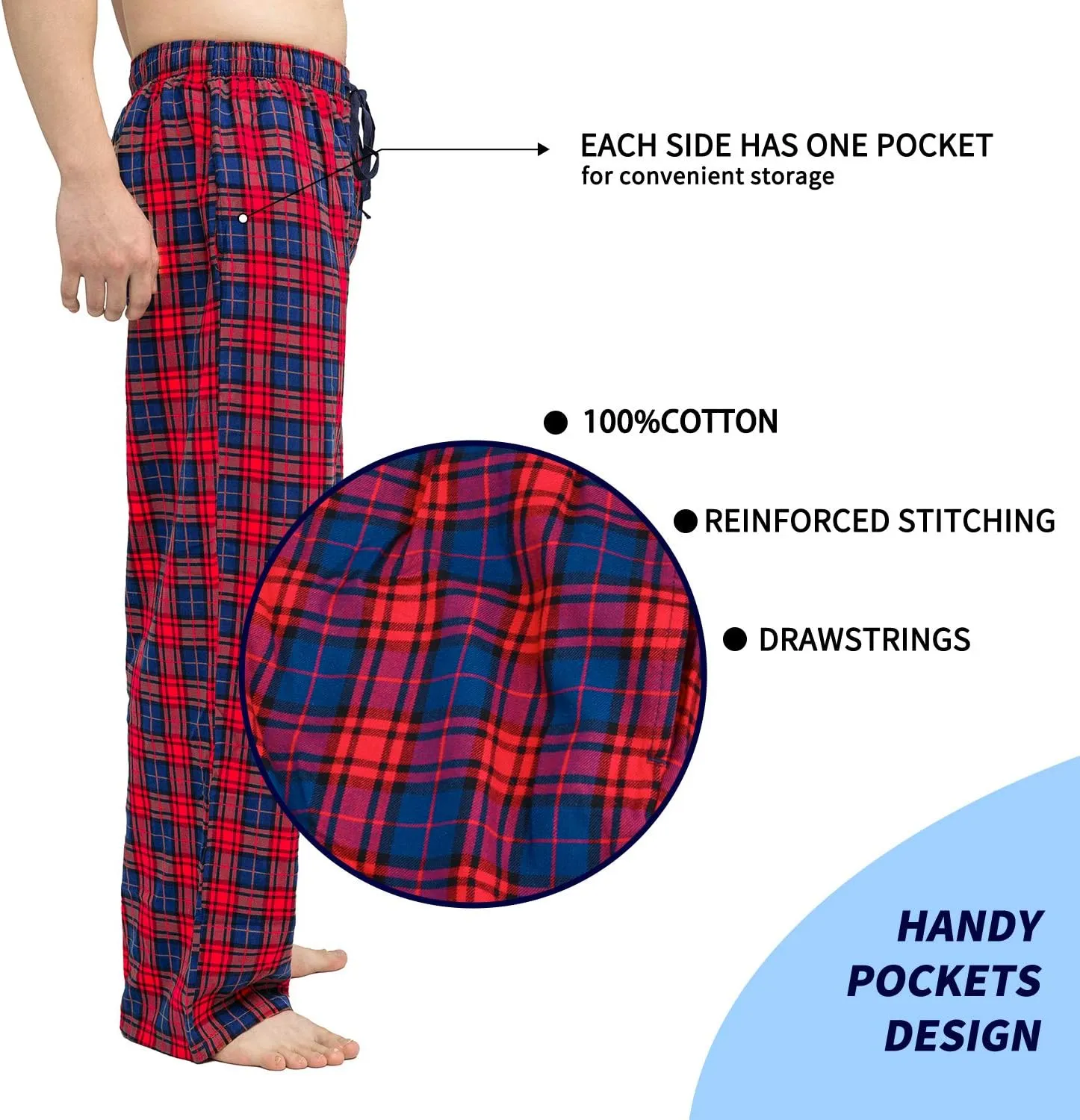 Men's Pajama Pant 100% Woven Cotton Plaid Sleep Elastic Waistband Lounge Wear Long Pjs