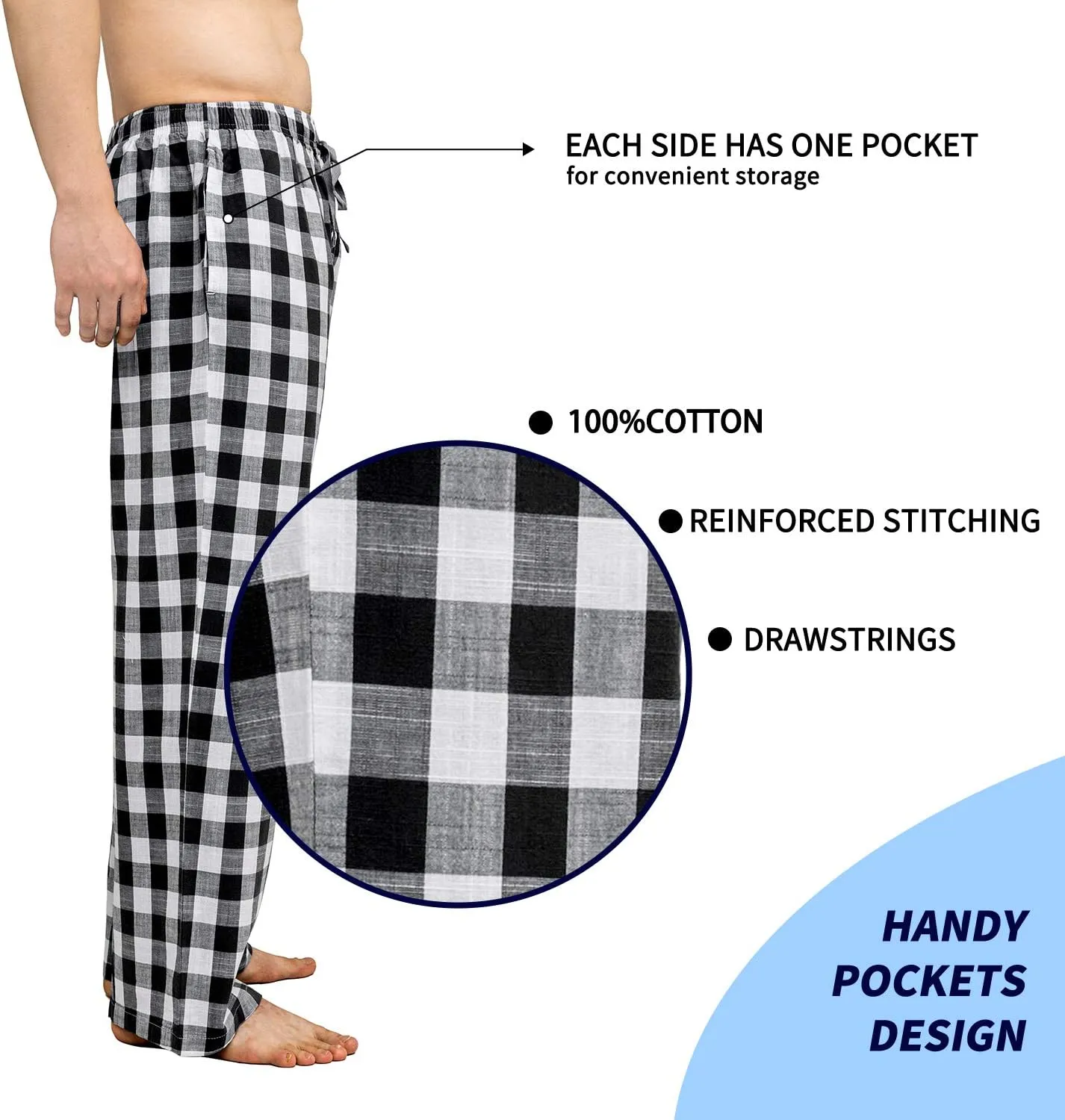 Men's Pajama Pant 100% Woven Cotton Plaid Sleep Elastic Waistband Lounge Wear Long Pjs