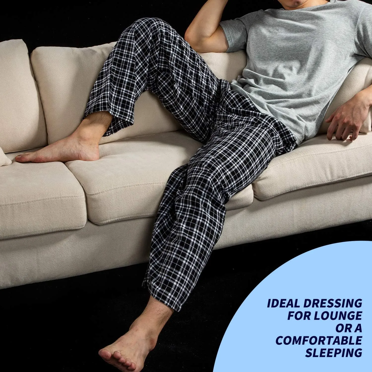 Men's Pajama Pant 100% Woven Cotton Plaid Sleep Elastic Waistband Lounge Wear Long Pjs