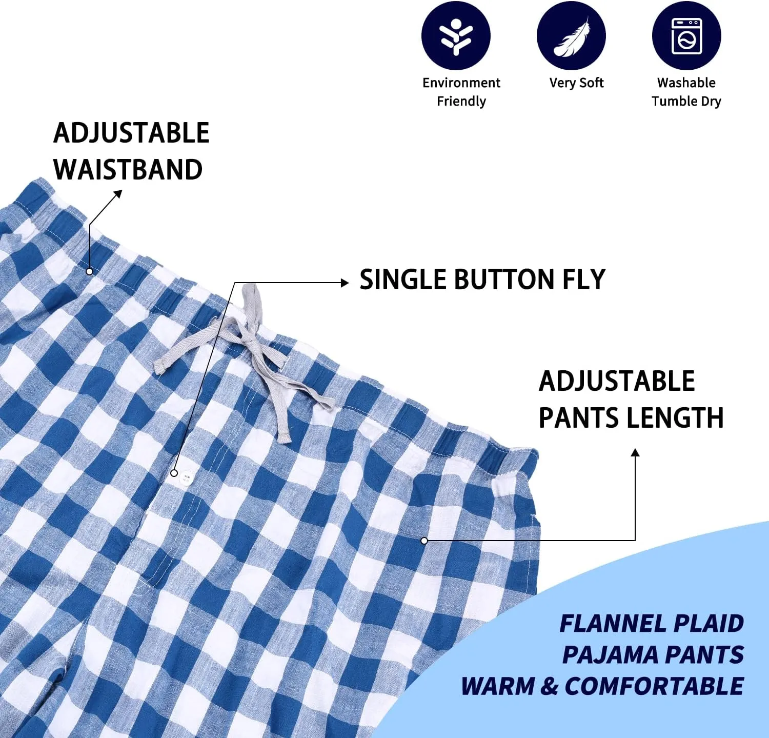 Men's Pajama Pant 100% Woven Cotton Plaid Sleep Elastic Waistband Lounge Wear Long Pjs