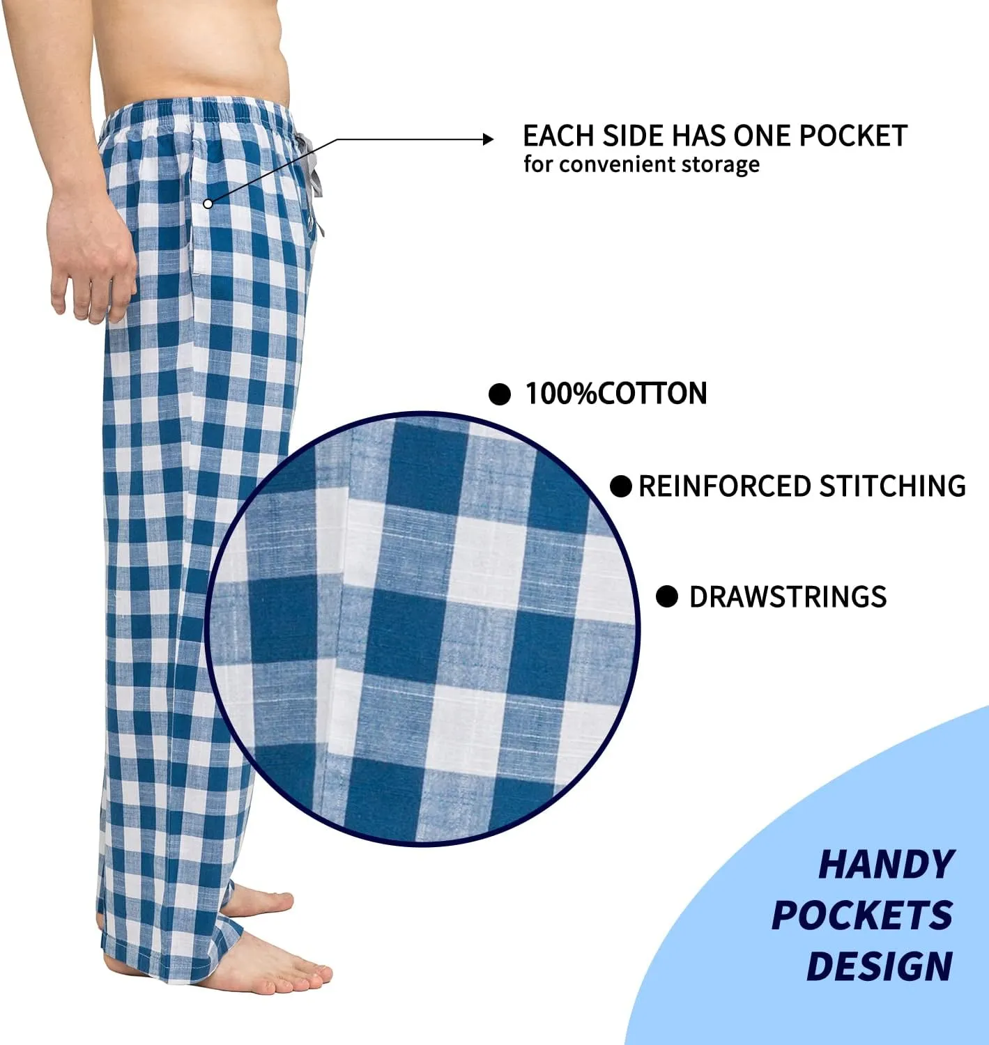 Men's Pajama Pant 100% Woven Cotton Plaid Sleep Elastic Waistband Lounge Wear Long Pjs