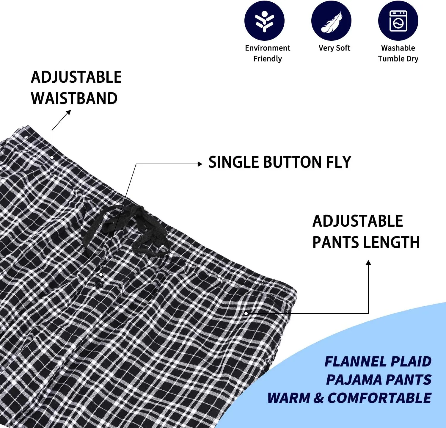 Men's Pajama Pant 100% Woven Cotton Plaid Sleep Elastic Waistband Lounge Wear Long Pjs