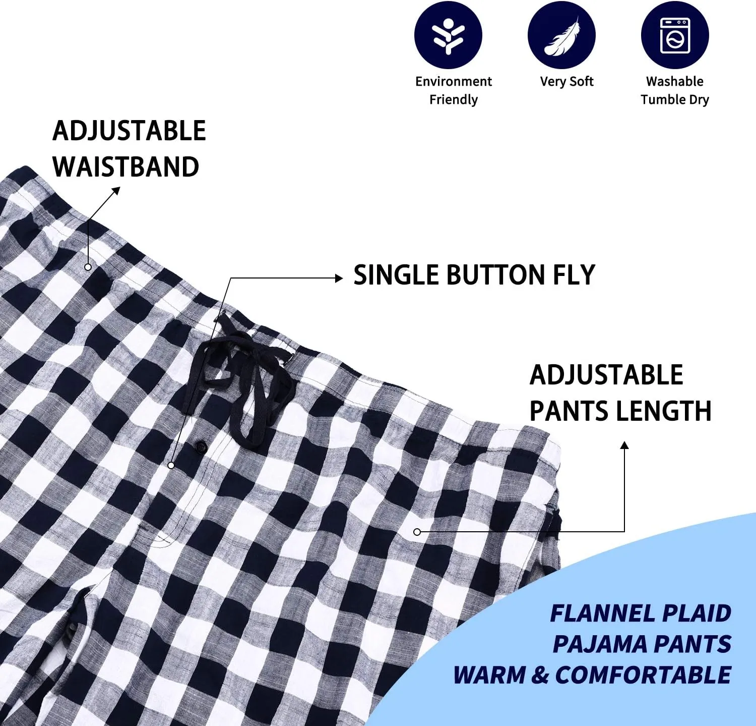 Men's Pajama Pant 100% Woven Cotton Plaid Sleep Elastic Waistband Lounge Wear Long Pjs