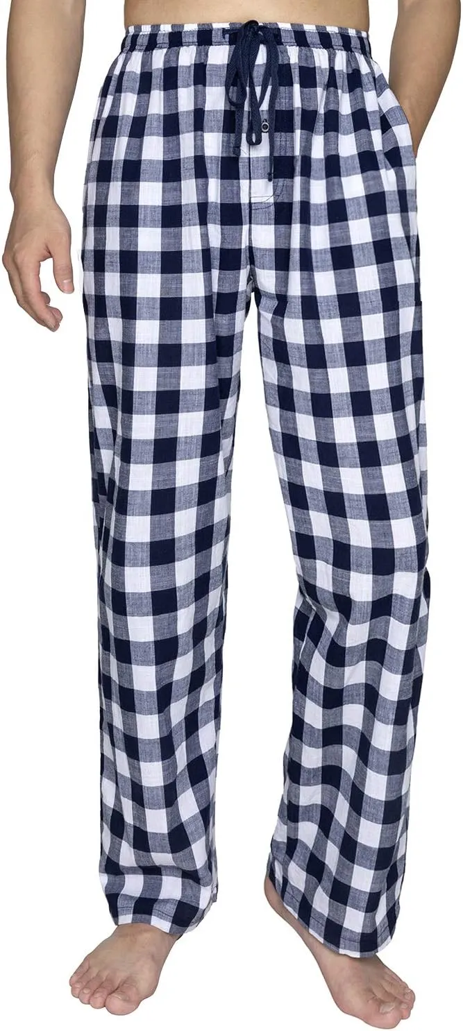 Men's Pajama Pant 100% Woven Cotton Plaid Sleep Elastic Waistband Lounge Wear Long Pjs