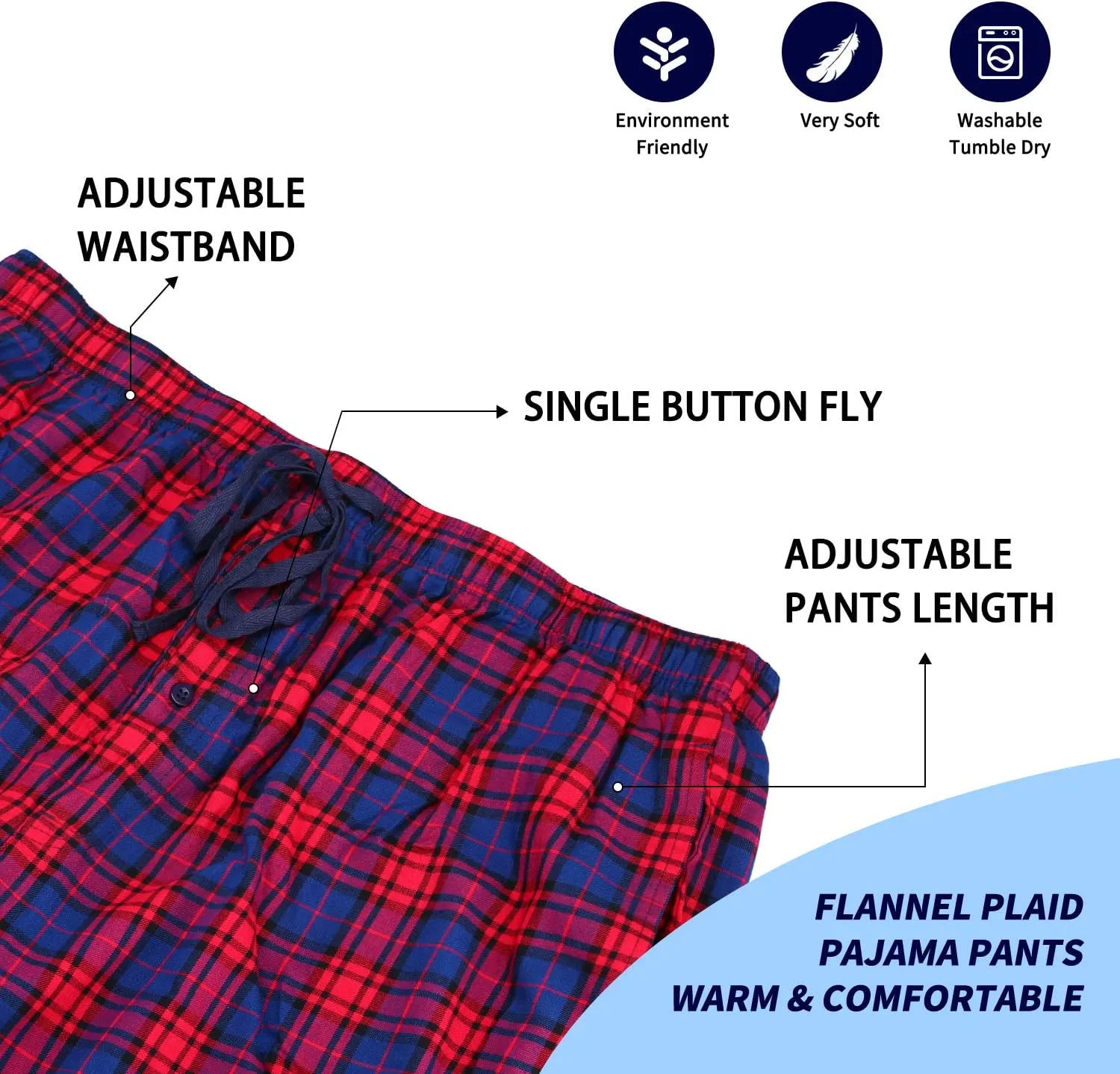Men's Pajama Pant 100% Woven Cotton Plaid Sleep Elastic Waistband Lounge Wear Long Pjs