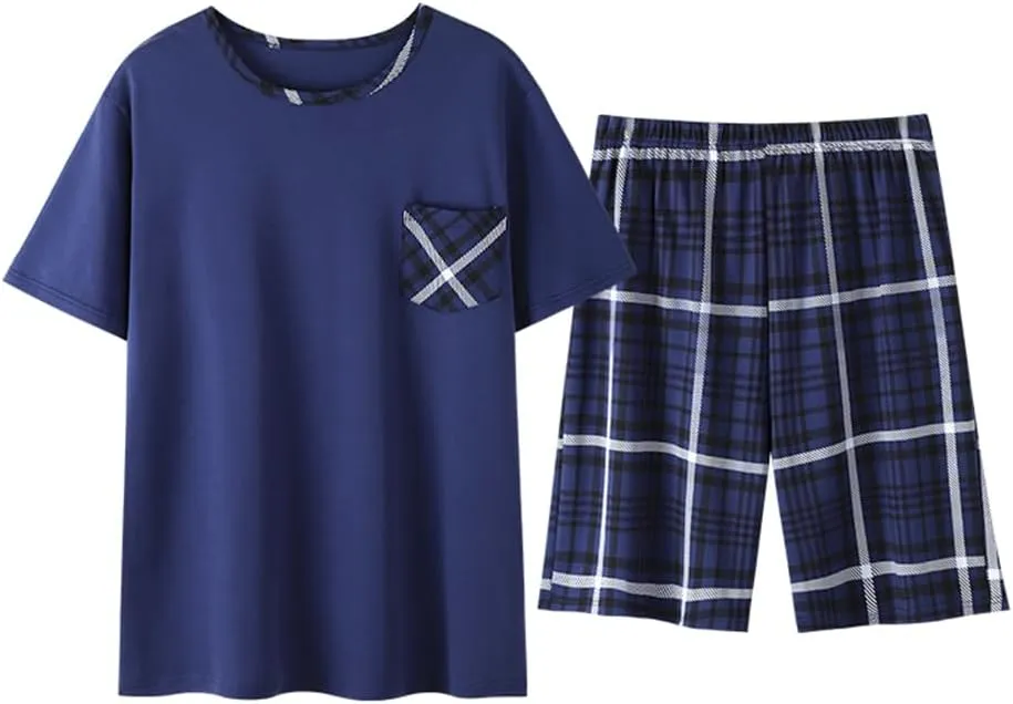 Men's Pyjamas Sets Lattice Short Pajama for Men Cotton Sleepwear T-Shirt Classic Pjs Sets