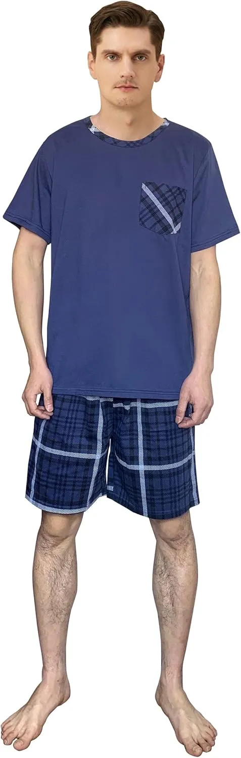 Men's Pyjamas Sets Lattice Short Pajama for Men Cotton Sleepwear T-Shirt Classic Pjs Sets