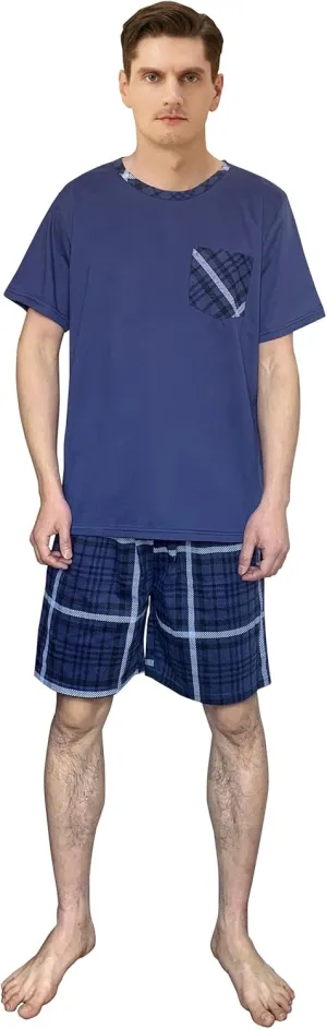 Men's Pyjamas Sets Lattice Short Pajama for Men Cotton Sleepwear T-Shirt Classic Pjs Sets