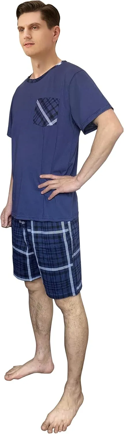 Men's Pyjamas Sets Lattice Short Pajama for Men Cotton Sleepwear T-Shirt Classic Pjs Sets