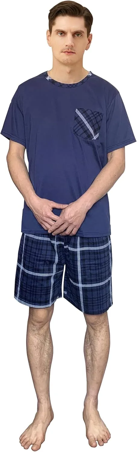 Men's Pyjamas Sets Lattice Short Pajama for Men Cotton Sleepwear T-Shirt Classic Pjs Sets