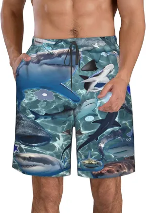 Men's Quick Dry Fashion Board Shorts Surf Beach Shorts Shark Print Swim Trunks Quick Dry