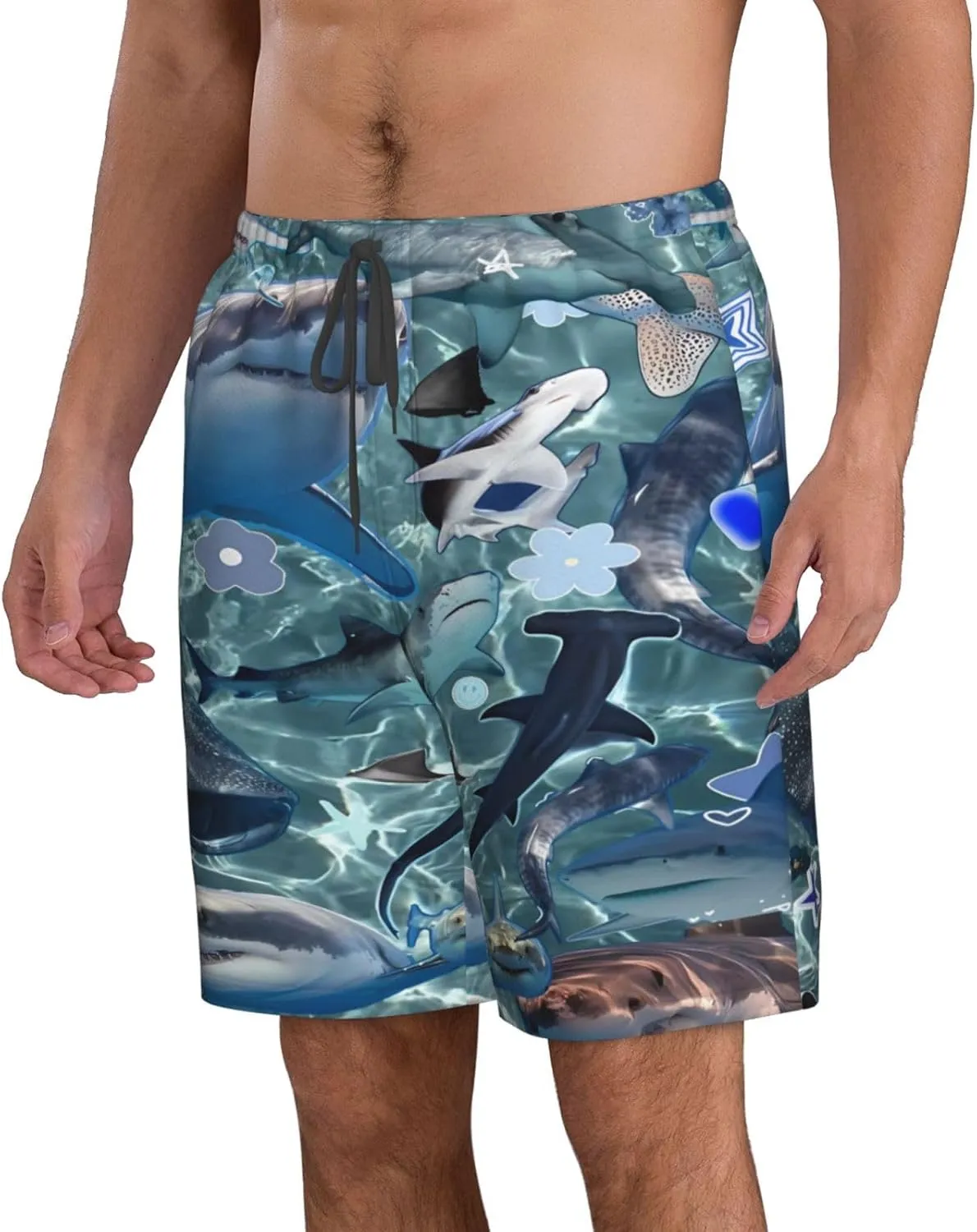 Men's Quick Dry Fashion Board Shorts Surf Beach Shorts Shark Print Swim Trunks Quick Dry