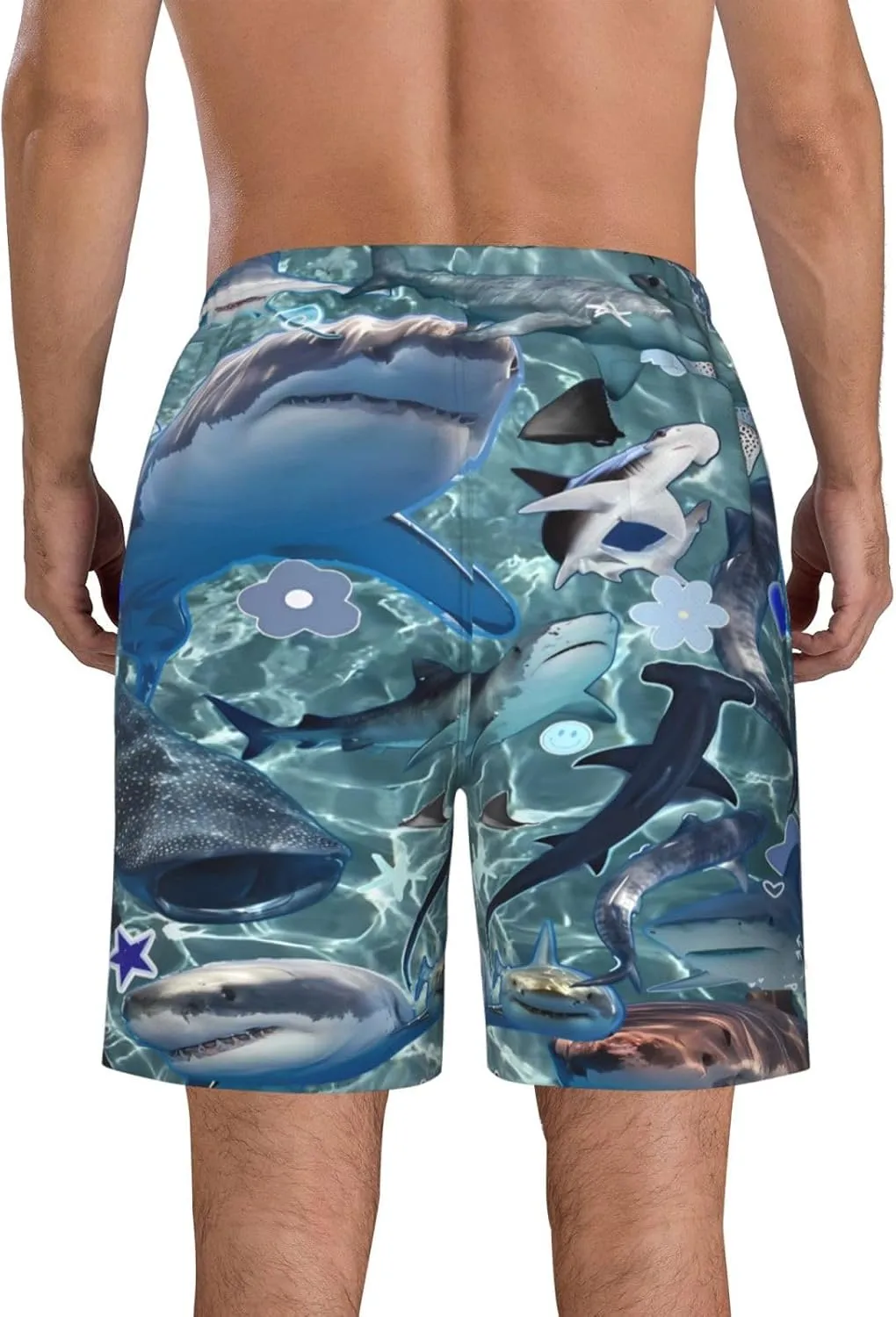 Men's Quick Dry Fashion Board Shorts Surf Beach Shorts Shark Print Swim Trunks Quick Dry