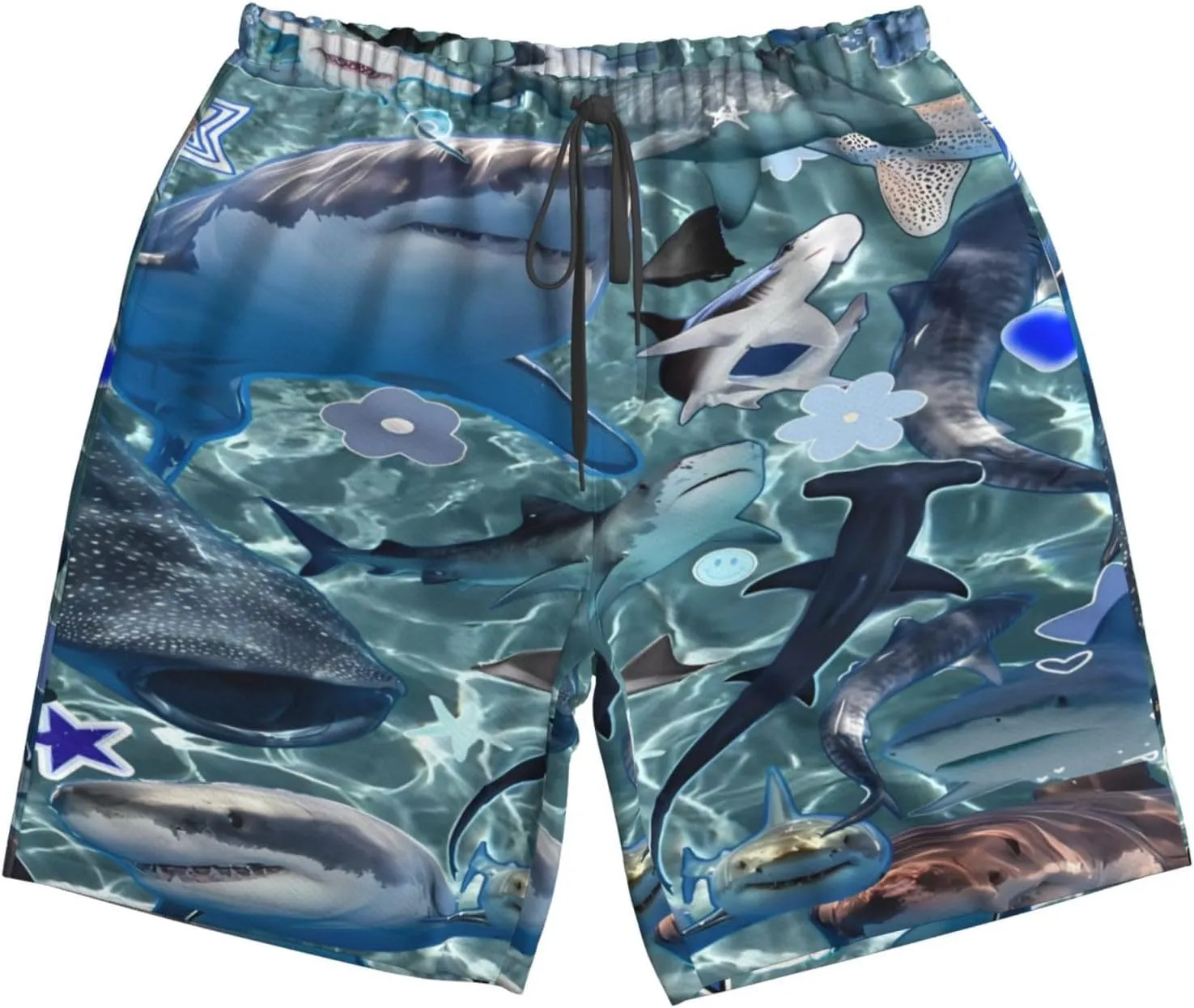 Men's Quick Dry Fashion Board Shorts Surf Beach Shorts Shark Print Swim Trunks Quick Dry