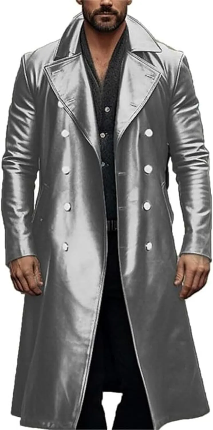 Men's Retro Leather Trench Coat Lapel Collar Long Coat Leather Coat Faux Leather Jacket Outwear Autumn Winter