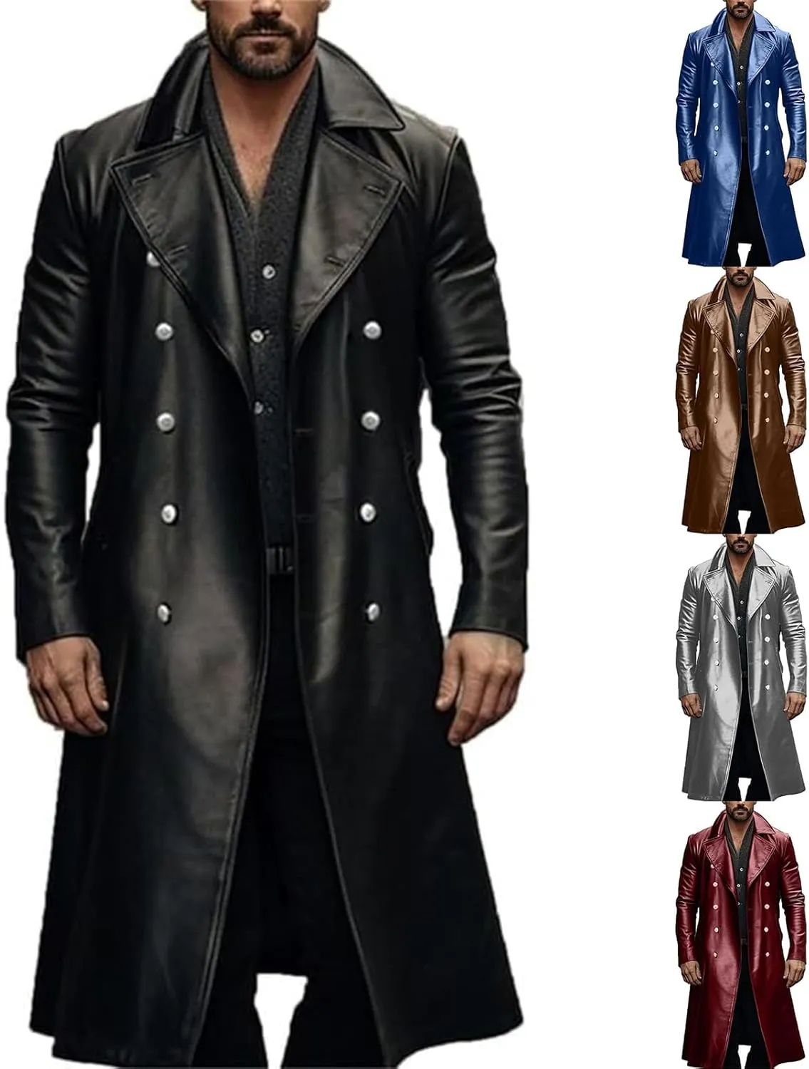 Men's Retro Leather Trench Coat Lapel Collar Long Coat Leather Coat Faux Leather Jacket Outwear Autumn Winter