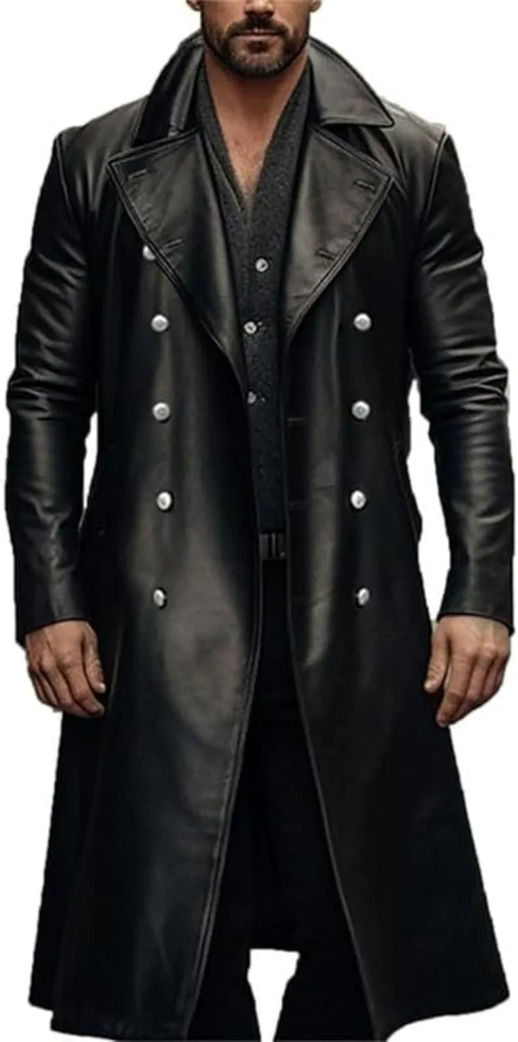 Men's Retro Leather Trench Coat Lapel Collar Long Coat Leather Coat Faux Leather Jacket Outwear Autumn Winter