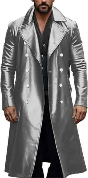 Men's Retro Leather Trench Coat Lapel Collar Long Coat Leather Coat Faux Leather Jacket Outwear Autumn Winter