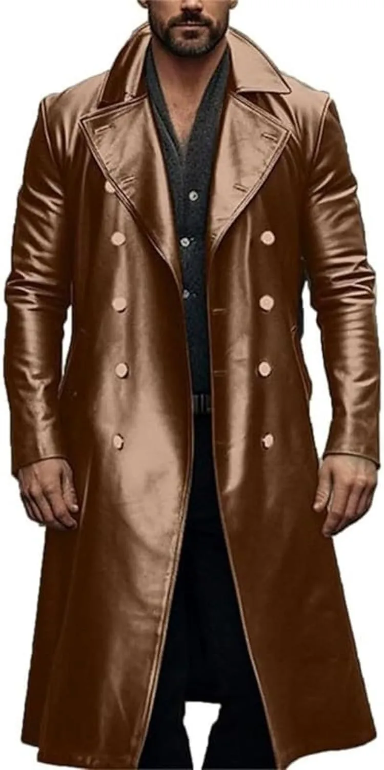 Men's Retro Leather Trench Coat Lapel Collar Long Coat Leather Coat Faux Leather Jacket Outwear Autumn Winter