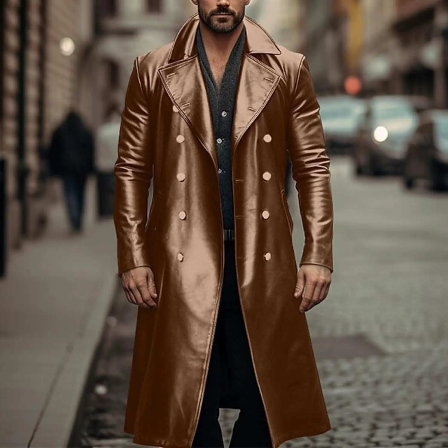 Men's Retro Leather Trench Coat Lapel Collar Long Coat Leather Coat Faux Leather Jacket Outwear Autumn Winter